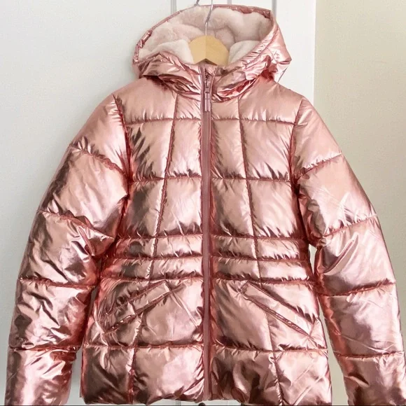 Rose Gold Metallic Bubble Jacket with Hood - Picture 2 of 7